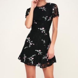 WAYF Glen Black Lace Floral Pattern Mini Dress